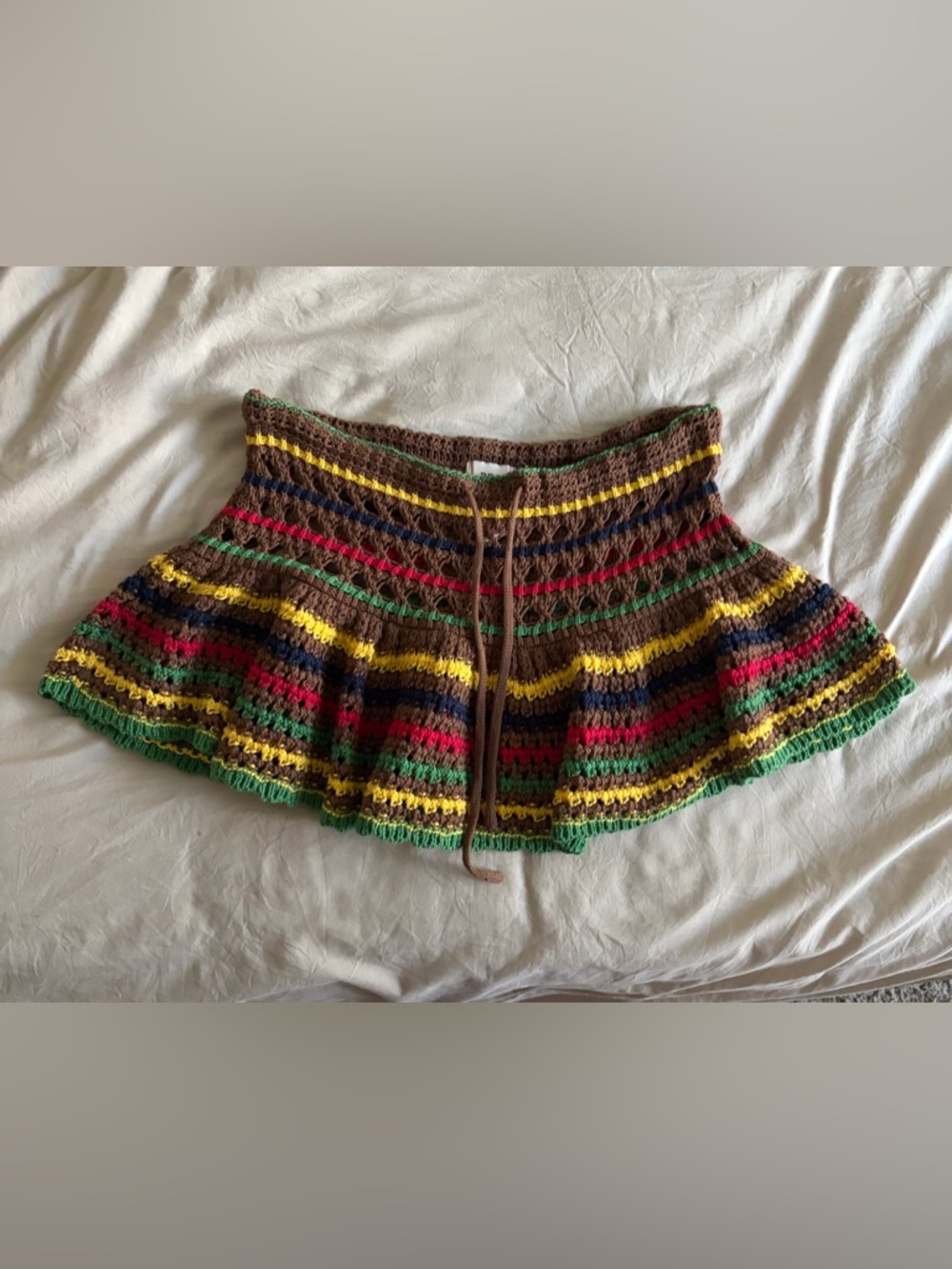 BDG Brown Crochet Mini Skirt with Yellow & Green Stripes